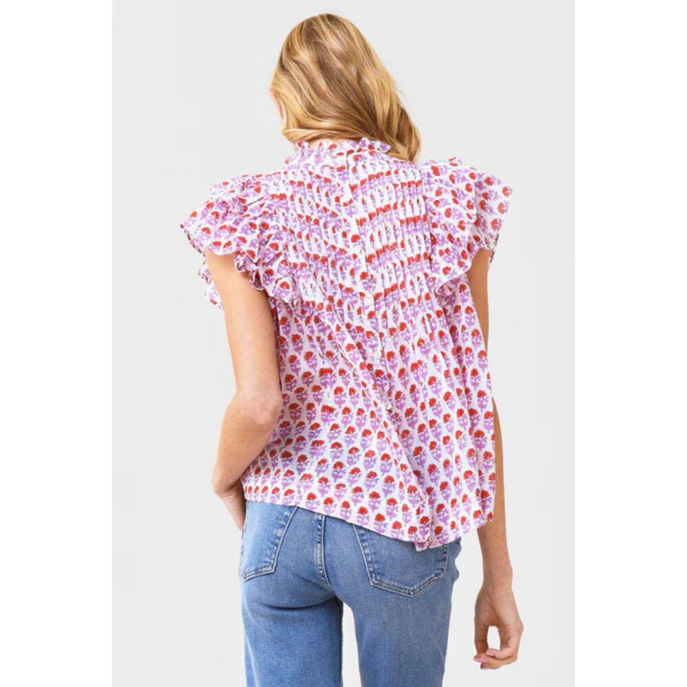 Oliphant Pintuck Ruffle Blouse Top Cotton Floral Pink Block Print Tuckernuck - Picture 2 of 7